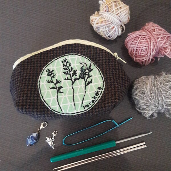 Tui on Harakeke or New Zealand Flax notions pouch, knitting accessories zipped purse, makeup holder, hand embroidered small bag