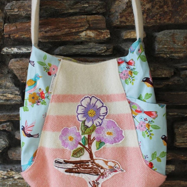 Song Thrush over shoulder bag, large project bag, upcycled blanket tote, 241 Tote