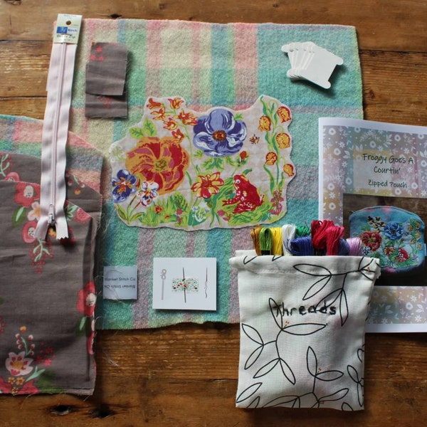 Frog Goes A Courting Embroidery Kit: Wool Zippered Pouch Project Bag