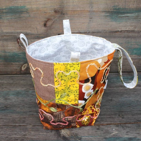 Patch It Up upcycled blanket project bag, hand embroidered crochet project sack, square firm base clutch bag