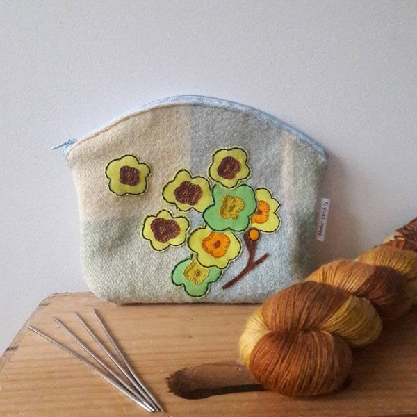 Flowerdelic small project bag, sock knitters project pouch, hand embroidered craft bag