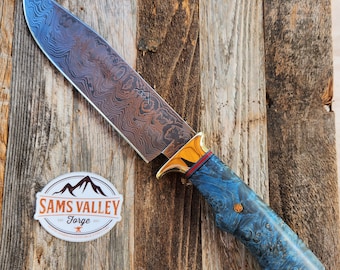 Large 8.5 inch damascus bowie.  One of a kind, damascus forged by Sams Valley Forge!