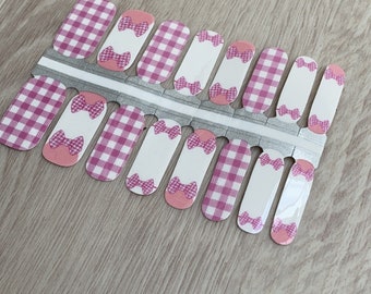 Pink Checked Bow Nail Wraps / Nail Strips / Nail Stickers UK