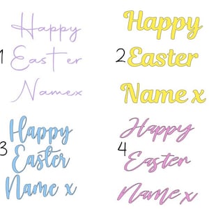 Pode incluir: Quatro designs com tema de Páscoa com as palavras "Happy Easter" e "Name x" em várias cores. Os designs incluem texto lilás claro, amarelo, azul e rosa sobre um fundo branco. Cada design é numerado de 1 a 4.