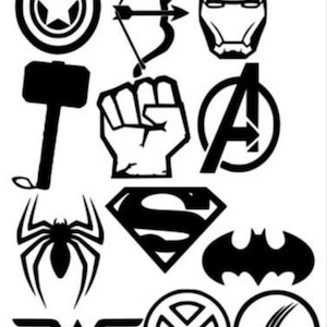 May include: Black and white illustrations of popular superhero logos, including Captain America, Iron Man, Thor, Hulk, Black Widow, Superman, Batman, Wonder Woman, Wolverine, and the Avengers.