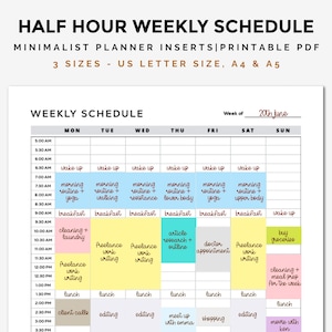 Half hour weekly schedule, Printable half hour planner, Weekly to do list, Weekly planner, Week at a glance, Weekly agenda, A4,A5, Letter