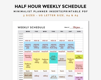 Half hour weekly schedule, Printable half hour planner, Weekly to do list, Weekly planner, Week at a glance, Weekly agenda, A4,A5, Letter