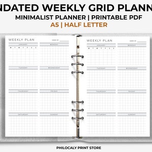 Undated weekly grid planner printable, Weekly grid printable, Weekly agenda, Minimalist planner inserts, planner refills, A5 weekly grid