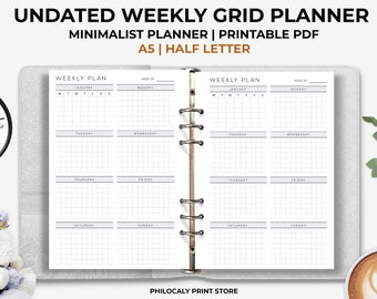 Undated weekly grid planner printable, Weekly grid printable, Weekly agenda, Minimalist planner inserts, planner refills, A5 weekly grid