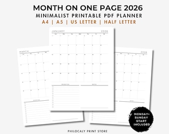 2026 Monthly Planner on one page, 2026 Month on one page A5, 2026 Calendar, Dated monthly planner 2026, Printable PDF, 2026 Monthly overview