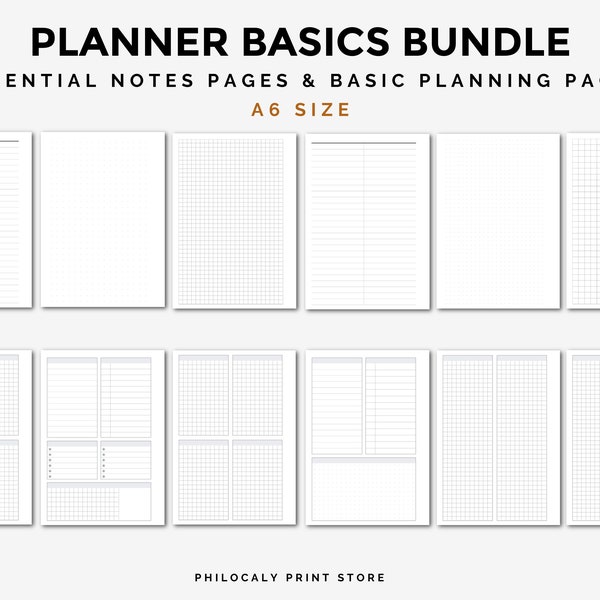 A6 Lined, dot and grid printable pages, Planner basics A6, Printable notes pages A6, Basic planner pages A6,Graph paper,Dotted paper,A6 size