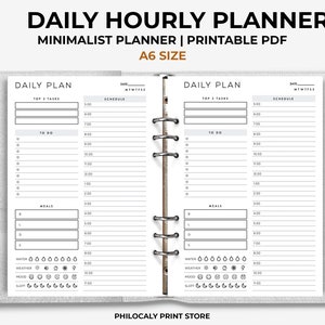 May include: A black and white printable daily planner in A6 size. The planner features sections for top 3 tasks, to do, meals, water, weather, mood, and sleep. The planner is designed to be minimalist and has a simple layout.