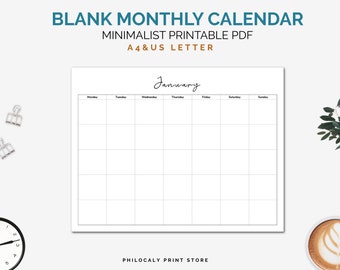 Blank undated monthly calendar printable, Monthly printable calendar, Monthly planner, Minimalist calendar, Monthly schedule, A4, US letter