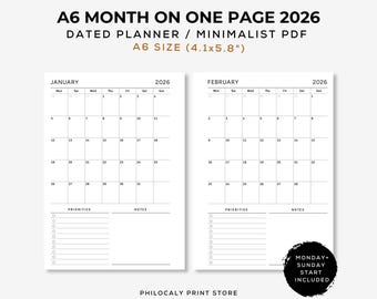 2026 Dated Monthly Planner, A6 Monthly Overview, A6 Month on One Page Dated, 12-month planner, One page monthly, A6 planner insert, A6 MO1P