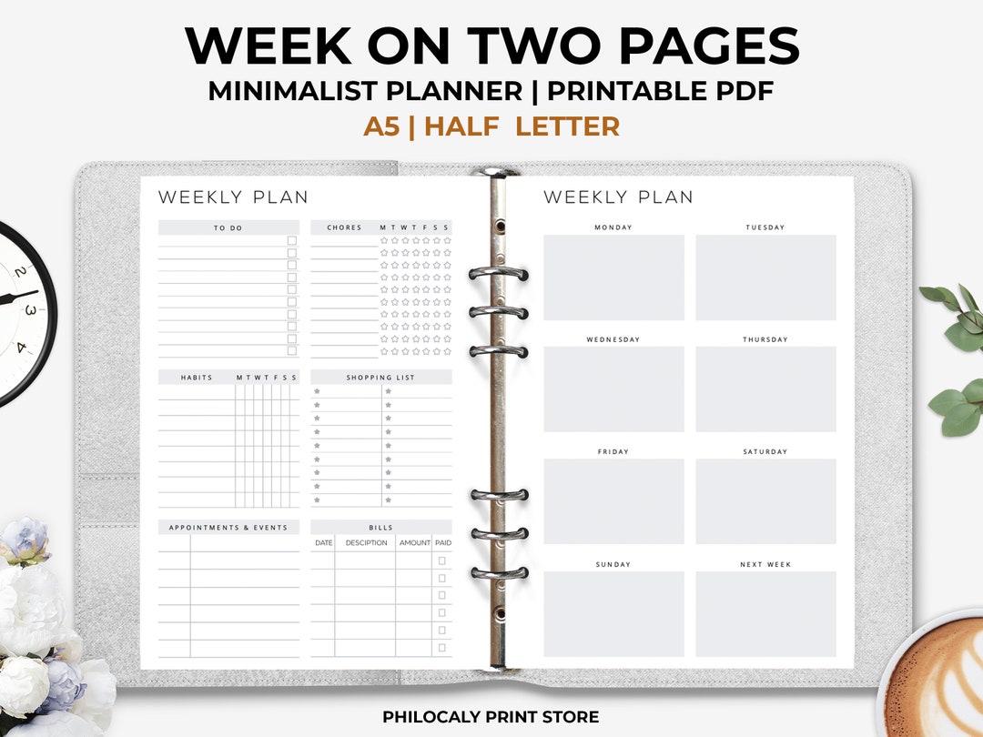 Week on Two Pages A5, Week at a Glance, Printable Weekly Planner ...