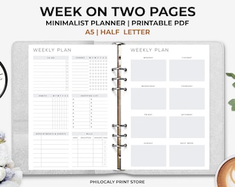 Week on two pages A5, Week at a glance, Printable weekly planner, Undated weekly planner, minimalist weekly, A5 weekly planner insert