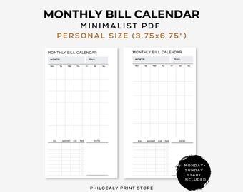 Personal size monthly bill calendar, Monthly bill tracker personal size, Personal size planner inserts,Bills inserts,Personal finance insert