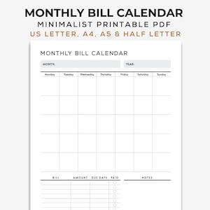 Monthly bill calendar, Monthly bill tracker, A4 bill tracker, Bill organizer, Finance tracker, Bill tracker and calendar, Bill checklist