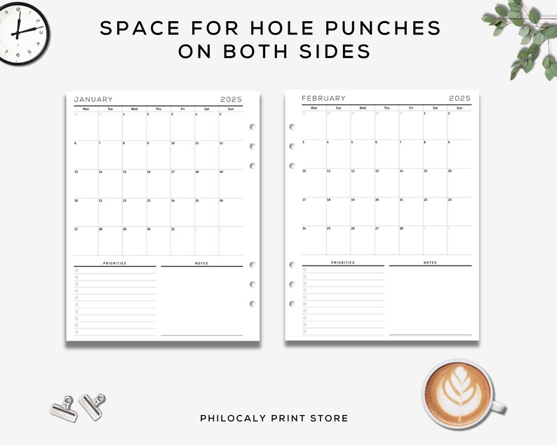 Puede incluir: P&aacute;ginas de calendario imprimibles para enero y febrero de 2025. Cada p&aacute;gina tiene una cuadr&iacute;cula de calendario mensual, espacio para prioridades y notas, y un encabezado que dice "SPACE FOR HOLE PUNCHES ON BOTH SIDES".
