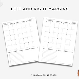 Puede incluir: P&aacute;ginas de calendario imprimibles para noviembre y diciembre de 2025. Cada p&aacute;gina tiene una cuadr&iacute;cula de calendario mensual con espacio para notas y prioridades.
