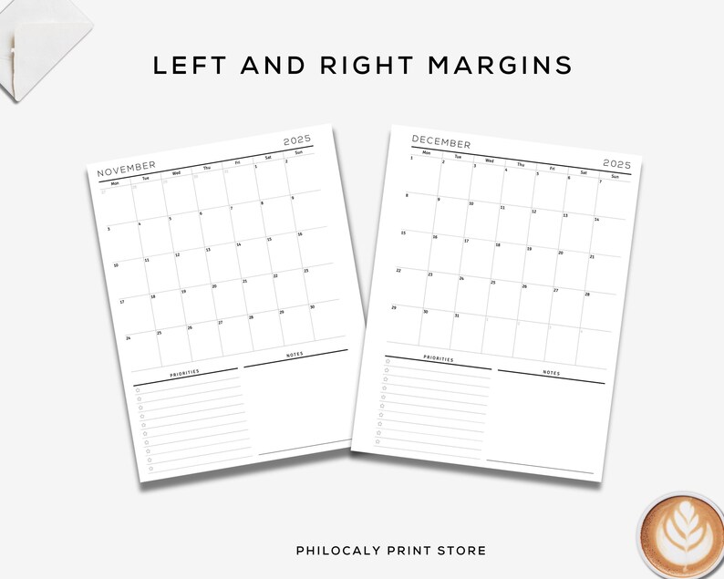 Puede incluir: P&aacute;ginas de calendario imprimibles para noviembre y diciembre de 2025. Cada p&aacute;gina tiene una cuadr&iacute;cula de calendario mensual con espacio para notas y prioridades.