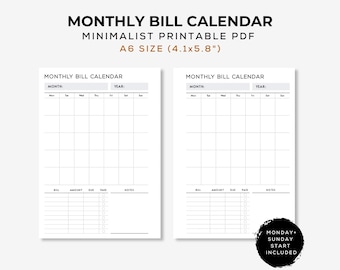 A6 Monthly bill calendar, A6 Bill tracker, Bill checklist, Monthly Bill Tracker, A6 Planner inserts, Bill organizer, Monthly bill list