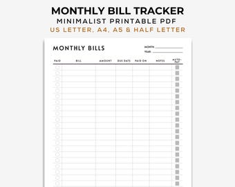 Monthly Bill Tracker, Printable Bill Payment Organizer, Monthly Bill Payment Checklist, Bill Tracker printable, Printable Payment Tracker