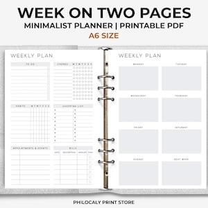 May include: A printable A6 size weekly planner with two pages. The left page has sections for to-do list, chores, habits, shopping list, appointments and events, and bills. The right page has a weekly calendar with sections for Monday, Tuesday, Wednesday, Thursday, Friday, Saturday, Sunday, and next week. The planner is designed in a minimalist style with a white background and black text.