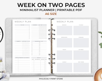 May include: A printable A6 size weekly planner with two pages. The left page has sections for to-do list, chores, habits, shopping list, appointments and events, and bills. The right page has a weekly calendar with sections for Monday, Tuesday, Wednesday, Thursday, Friday, Saturday, Sunday, and next week. The planner is designed in a minimalist style with a white background and black text.