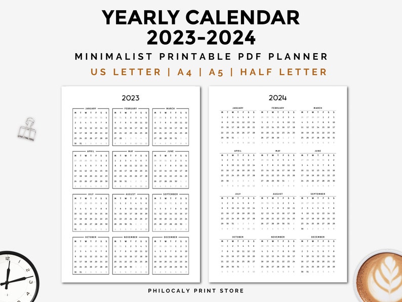 2023-24 Printable Calendar, 2023-24 Yearly Calendar, 2023 Minimalist ...