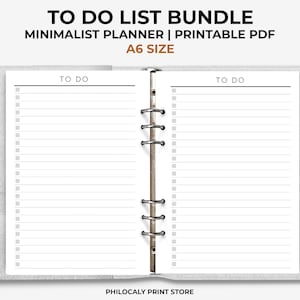 May include: A white A6 size printable to-do list planner with a minimalist design. The planner has two pages with a black header that says "TO DO" and lined pages with checkboxes. The planner is bound with a silver coil.