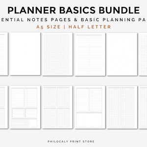 Lined, dot and grid printable pages, Planner basics, Printable notes pages, Basic planner pages, Graph paper, Dotted paper,A5,half letter