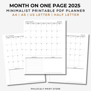 Planificador mensual 2025 en una página, mes 2025 en una página A5, Calendario 2025, Planificador mensual con fecha 2025, PDF imprimible, Resumen mensual 2025