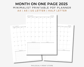 2025 Monthly Planner on one page, 2025 month on one page A5, 2025 Calendar, Dated monthly planner 2025, Printable PDF, 2025 Monthly overview