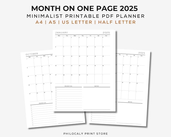 2025 Monthly Planner on one page, 2025 month on one page A5, 2025 Calendar, Dated monthly planner 2025, Printable PDF, 2025 Monthly overview