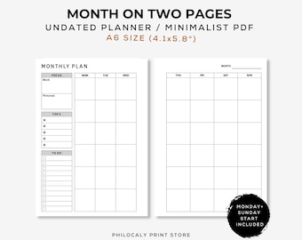 A6 Month on Two Pages, A6 Planner inserts, Monthly overview, Undated monthly planner, Monthly perpetual calendar refill,Monthly goal planner