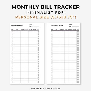 May include: Two printable monthly bill tracker pages in a minimalist style. Each page has a section for month, year, paid, bill, amount, due date, paid on, notes, and auto-pay. The pages are designed for personal size planners, measuring 3.75 inches by 6.75 inches.