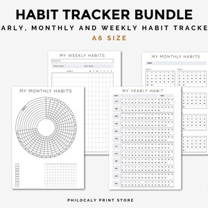 May include: A collection of habit tracker printables in A6 size. The bundle includes yearly, monthly, and weekly habit trackers. The trackers are in black and white and feature a clean, minimalist design. The text "HABIT TRACKER BUNDLE" is at the top.