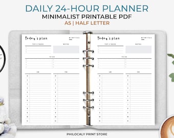 24-hour daily planner, Hourly daily planner, Daily time blocking, Schedule planner, Work planner, Productivity planner, AM-PM planner, A5