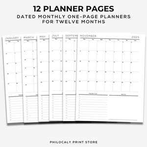Puede incluir: Doce p&aacute;ginas de planificador mensual imprimibles para el a&ntilde;o 2025. Cada p&aacute;gina presenta una cuadr&iacute;cula de calendario con espacio para notas y prioridades.