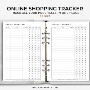 Könnte beinhalten: Ein druckbarer A6-Online-Shopping-Tracker mit zwei Seiten. Jede Seite hat Spalten für Datum, Artikel, Betrag, Shop, Rabatt, Rückgabe und Notizen. Die Seiten sind für die Verwendung in einem Ringbuch konzipiert.