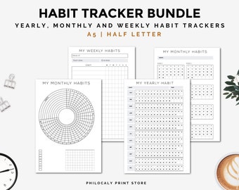 Habit tracker printable, Habit tracker bundle, Weekly Habit tracker, Monthly habit tracker, Yearly habit tracker, Minimalist,A5,half letter