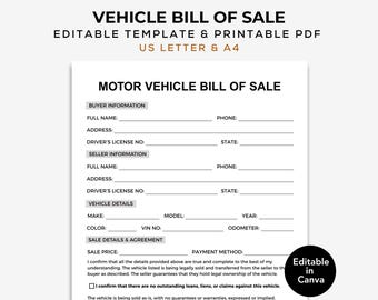 Vehicle bill of sale, Editable in Canva bill of sale, Used car bill of sale template, PDF bill of sale, As-is bill of sale, Business form