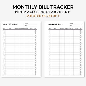 Pode incluir: Rastreador de contas mensais imprimível no tamanho A6 (4,1 x 5,8 polegadas). O rastreador tem duas colunas com seções para a conta, o valor, a data de vencimento, a data de pagamento, as notas e o pagamento automático. Cada seção tem uma caixa de seleção para marcar o pagamento.