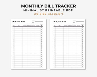 A6 Monthly bill tracker, Bill organizer planner, Bill checklist planner, A6 Bill checklist, A6 planner insert, A6 Bill planner printable