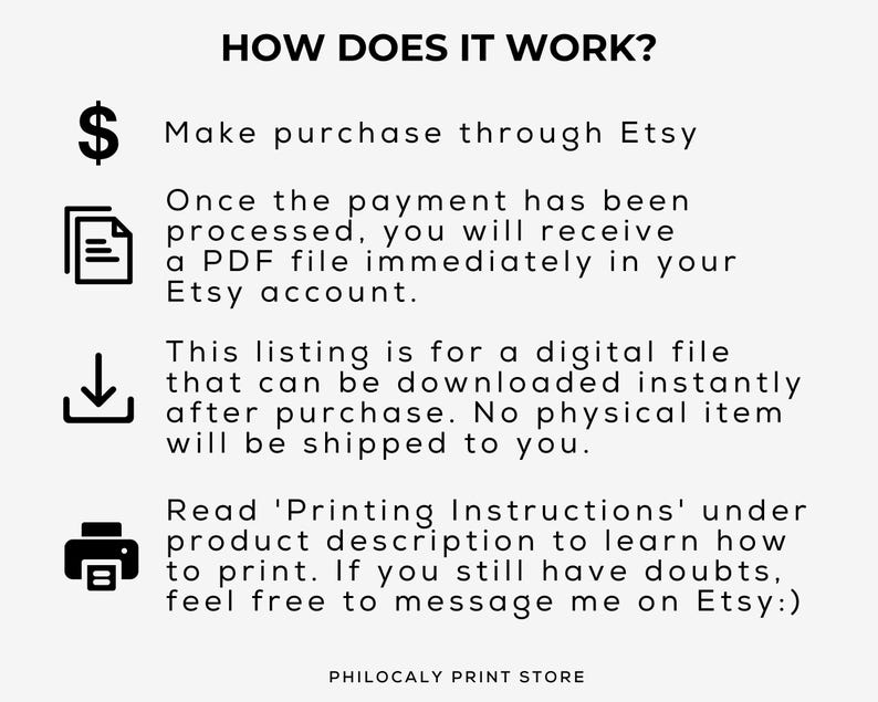 Puede incluir: C&oacute;mo funciona? Realiza la compra a trav&eacute;s de Etsy. Una vez que el pago se procese, recibir&aacute;s un archivo PDF inmediatamente en tu cuenta de Etsy. Esta lista es para un archivo digital que se puede descargar instant&aacute;neamente despu&eacute;s de la compra. No se enviar&aacute; ning&uacute;n art&iacute;culo f&iacute;sico. Lee las 'Instrucciones de impresi&oacute;n' en la descripci&oacute;n del producto para aprender a imprimir. Si a&uacute;n tienes dudas, no dudes en contactarme en Etsy. PHILOCALY PRINT STORE