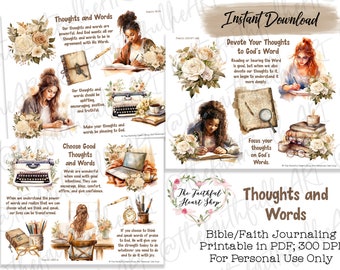 Thoughts and Words, Bible Journaling Stickers Printable, Faith, Bible Study, Bible Stickers, Mixed Media, Illustrated Faith, Bible Art