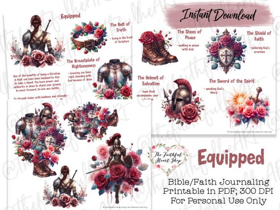 Equipped, Bible Journaling Stickers Printable, Faith, Bible Study, Armor of God, Bible Stickers, Mixed Media, Illustrated Faith, Bible Art