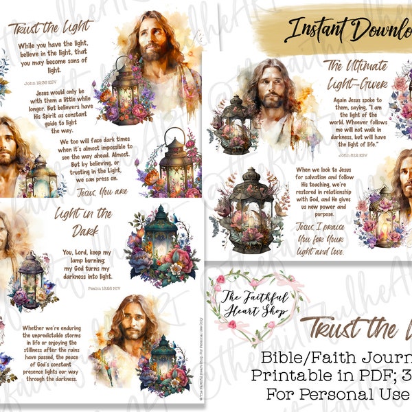 Trust the Light, Bible Journaling Stickers Printable, Bible Art, Jesus, Faith, Bible Study, Bible Stickers, Mixed Media, Illustrated Faith