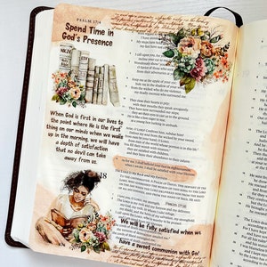 May include: A watercolor illustration of a woman reading a book with a floral design. The text "Spend Time in God's Presence" is written in brown ink on a beige background. The image also includes a verse from Psalm 17:4, "Keep me as the apple of your eye, hide me in the shadow of your wing from the wicked who do me violence, my deadly enemies who surround me."